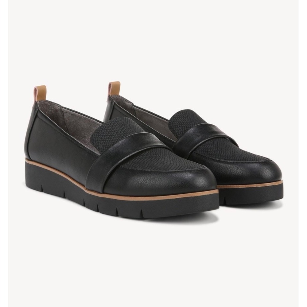 Dr Scholls Shoes Women's 10 M Black/Tan Trim Webster Platform Wedge Loafer‎
